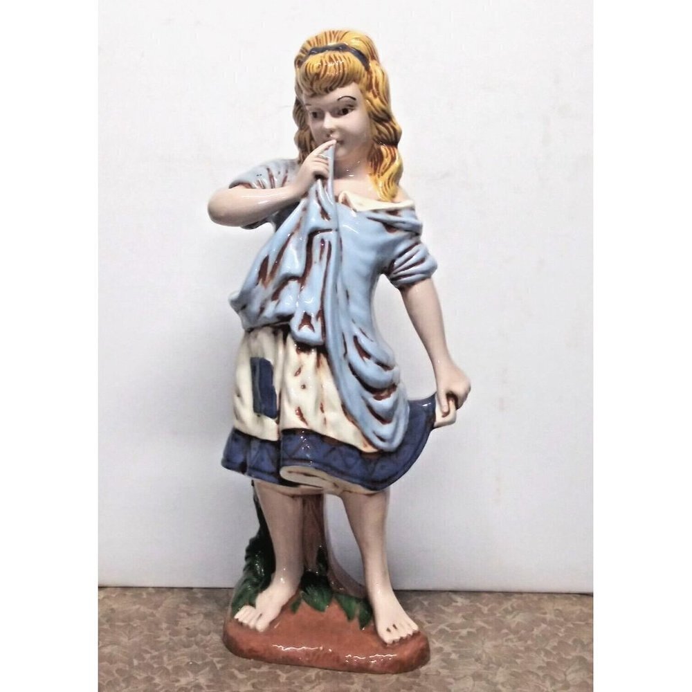 VTG Atlantic Mold Peasant Girl 70s Ceramic statue figurine blue beige 15" pretty